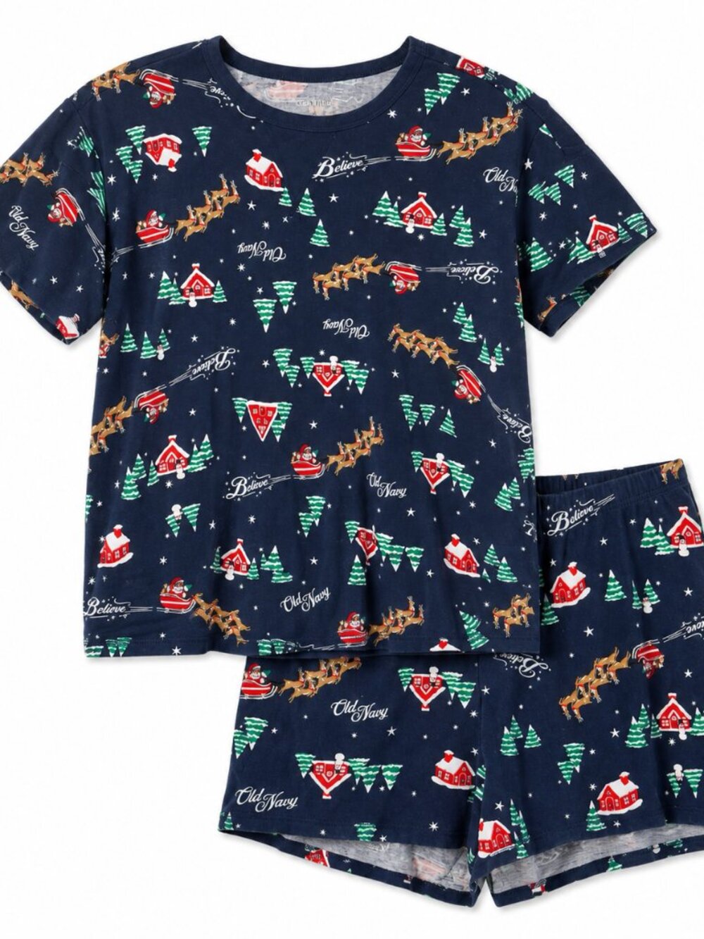 Old Navy Jingle Jammies Santa Reindeer & Sleigh Rides Pajama Set Women Large NWT